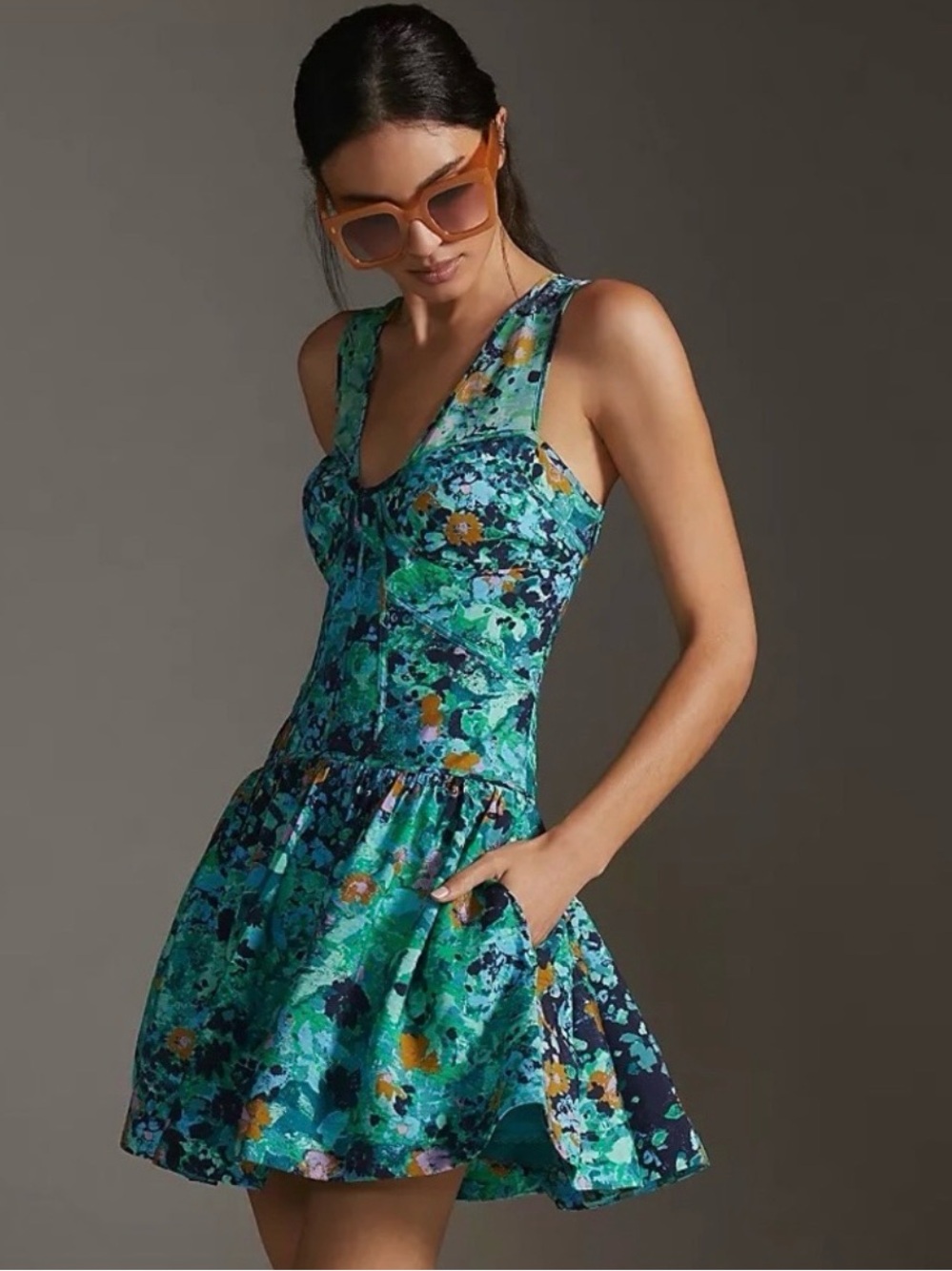 Anthropologie Corset Mini Dress Blue Green Yellow Floral Fit & Flare Viscose US8